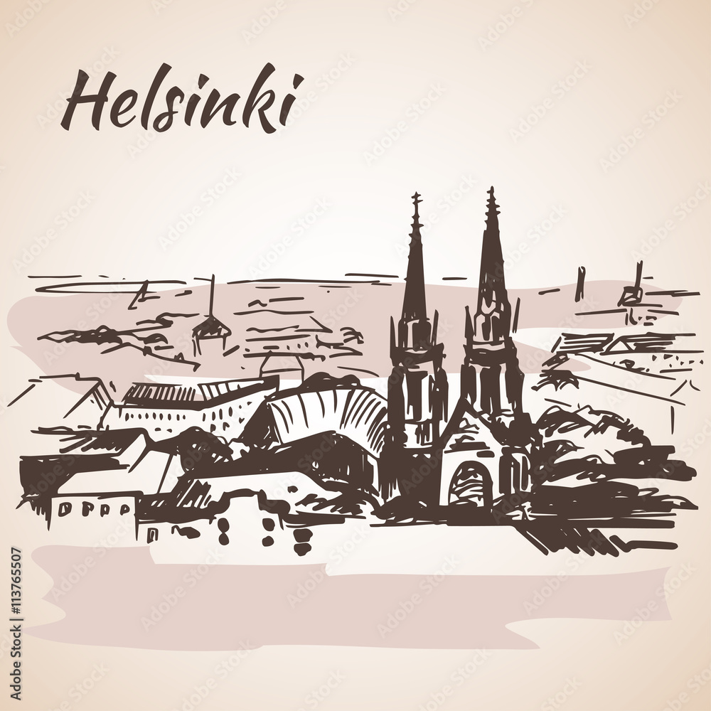 Cityscape of Helsinki - Finland. Sketch, Isolated on white backg