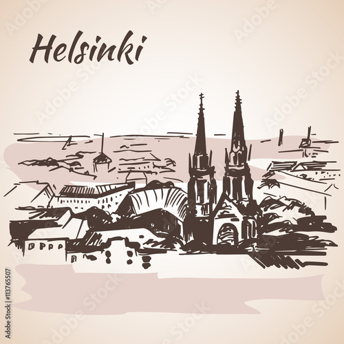 Cityscape of Helsinki - Finland. Sketch  Isolated on white backg