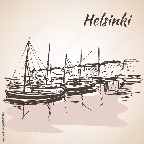 Helsinki - harbor, waterfront. Sketch, Isolated on white backgro