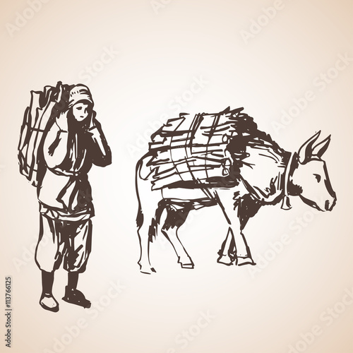 Man with brushwood and bull. Isolated on white background