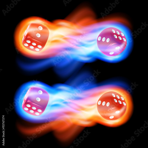 Set of two red dice in fire.