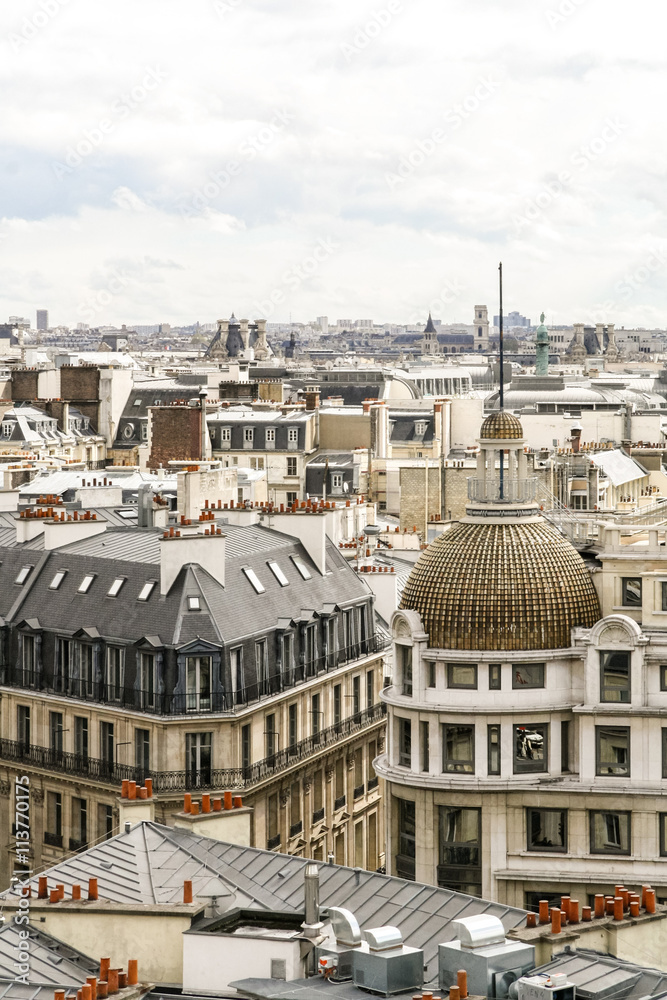 Panoramic view of Paris. Roofs of houses around the Galeries Lafayette.