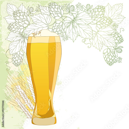 Vector glass of froth beer with ornate wreath of Hops and barley ears isolated on white. Contour hops, barley for Oktoberfest, brewery and beer decor. Beer elements in contour style for brewery design