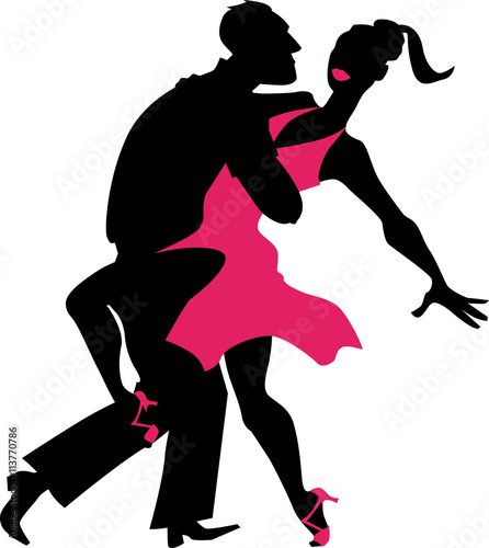 Young couple dancing salsa, EPS 8 black and pink vector silhouette