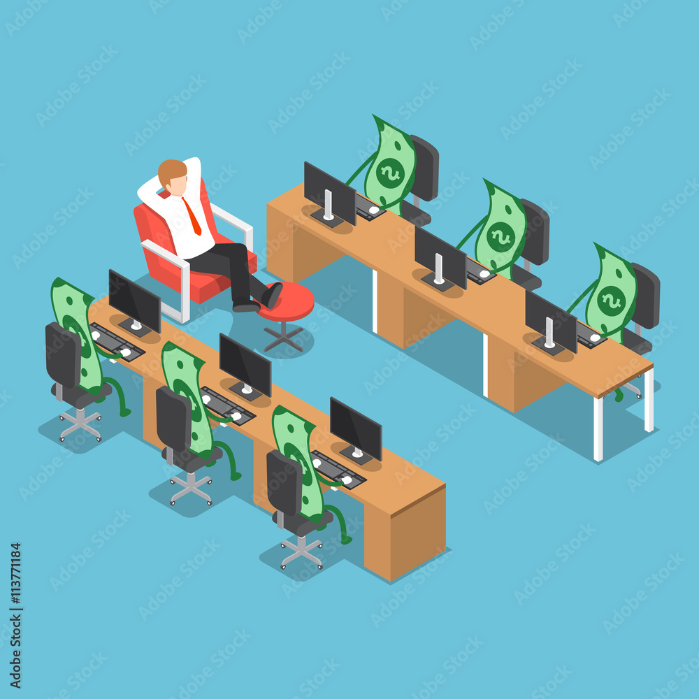 Fototapeta premium Isometric businessman let his money do the work for him