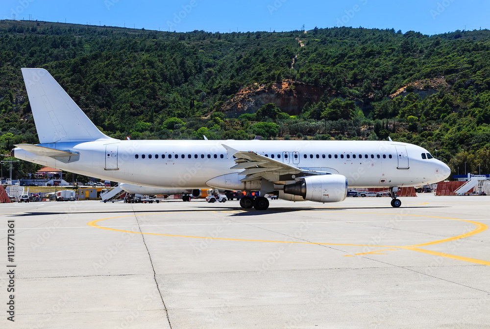 aircraft was taxiing to the runway at the airport of Rhodes sunny day aircraft was taxiing to the runway at the airport of Rhodes sunny day