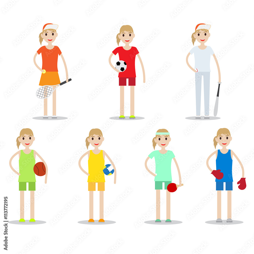 Set of sporty ladies isolated on white background. Kind of sports vector collection.