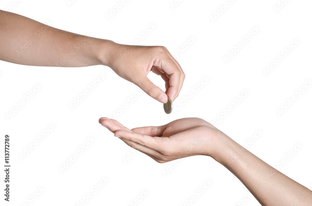 hand give money on white background hand give money on white background