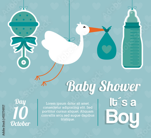 Baby Shower design. maraca, stork and bottle  icon.  Blue illust