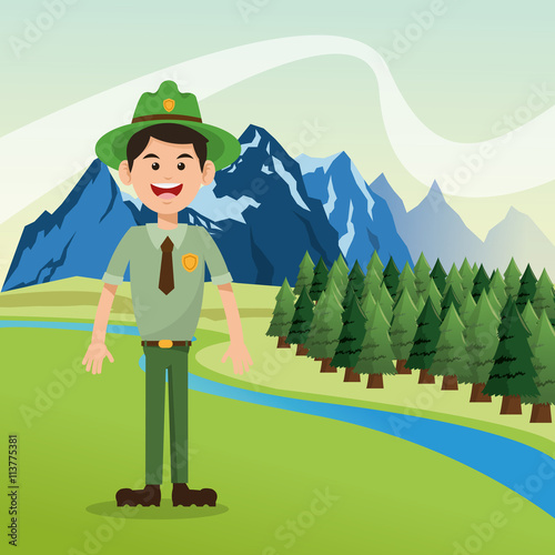 Forest ranger with landscape of pine trees and mountains design