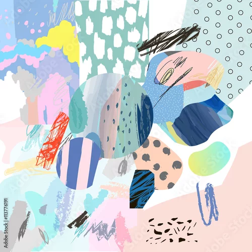 Obraz Modny kreatywny kolaż o różnych teksturach i kształtach. Nowoczesny projekt graficzny. Niezwykła grafika. Wektor. Odosobniony