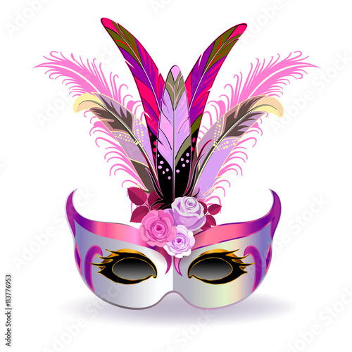 The silver carnival mask with multicolor feathers. The mask decorated with pink pattern and pink roses.
