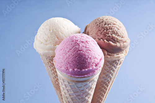 Various ice cream cones are together.