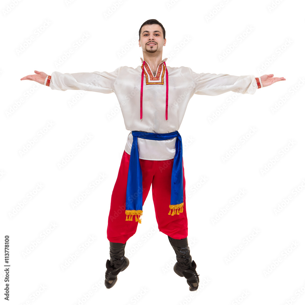 young man wearing a folk costume posing against isolated white with copyspace young man wearing a folk costume posing against isolated white with copyspace