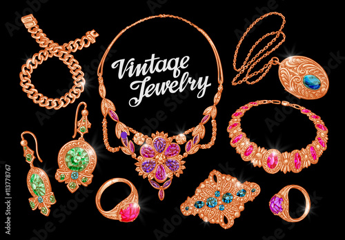Jewelry. Precious metal, gold, silver and gems. Vector illustration