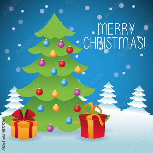 Merry Christmas concept with pine tree and gift icon. vector gr