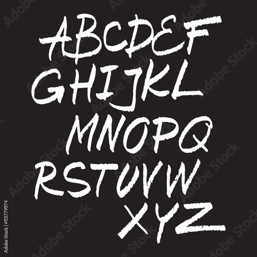 Vector hand drawn alphabet isolated white on black illustration.