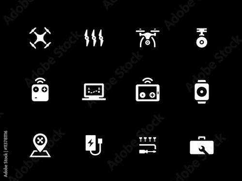 Hexacopter and quadcopter icons on black background.