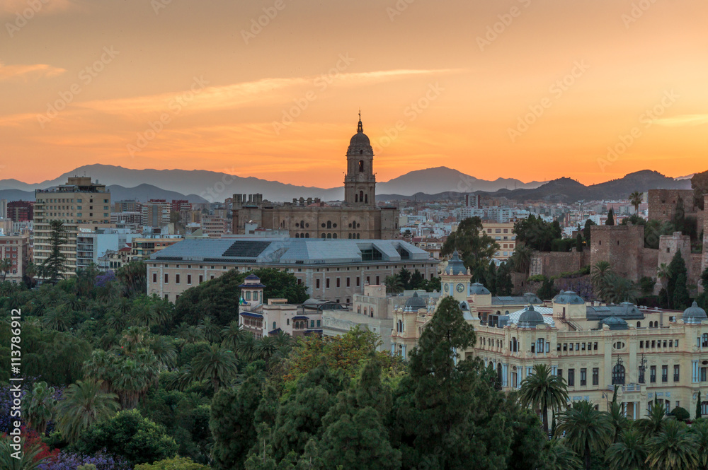 Cathedral San Augustin and alcazaba at sunset, Malaga, Spain.