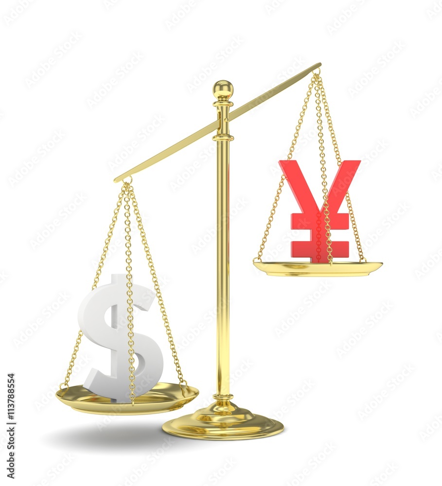 Isolated old fashioned pan scale with dollar and yuan,yen on white background. American and chinese and japanese currency. Dollar is heavier. Silver usd, red yuan. 3D rendering. Isolated old fashioned pan scale with dollar and yuan,yen on white background. American and chinese and japanese currency. Dollar is heavier. Silver usd, red yuan. 3D rendering.
