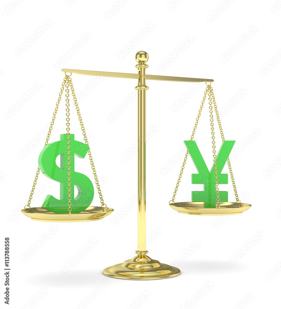 Isolated old fashioned pan scale with dollar and yuan,yen on white background. American and chinese and japanese currency. Currency equality. Green money. 3D rendering. Isolated old fashioned pan scale with dollar and yuan,yen on white background. American and chinese and japanese currency. Currency equality. Green money. 3D rendering.