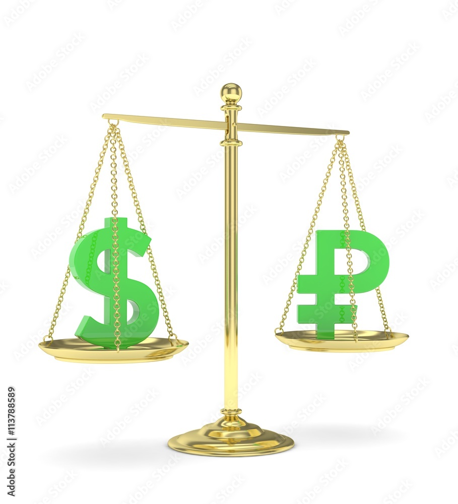 Isolated old fashioned pan scale with dollar and ruble on white background. American and russian currency. Currency equality. Green money. 3D rendering. Isolated old fashioned pan scale with dollar and ruble on white background. American and russian currency. Currency equality. Green money. 3D rendering.