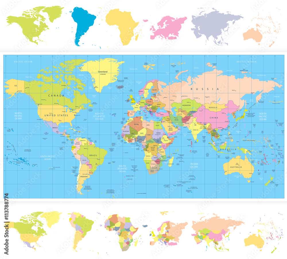 Fototapeta Kolorowa polityczna mapa świata z kontynentami