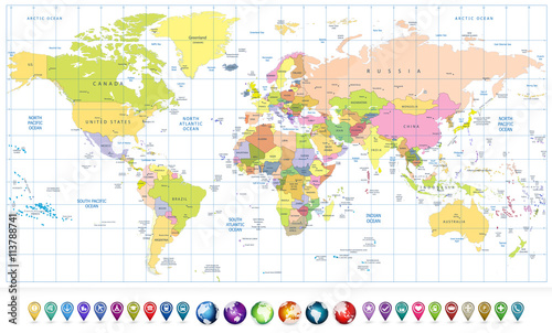 Colored political World Map and 3D globes with navigation icons