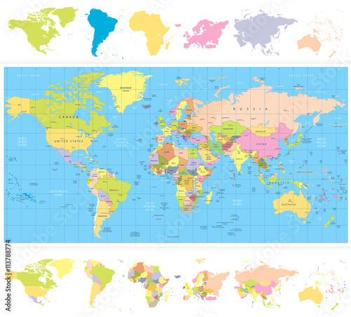 Kolorowa polityczna mapa świata z kontynentami