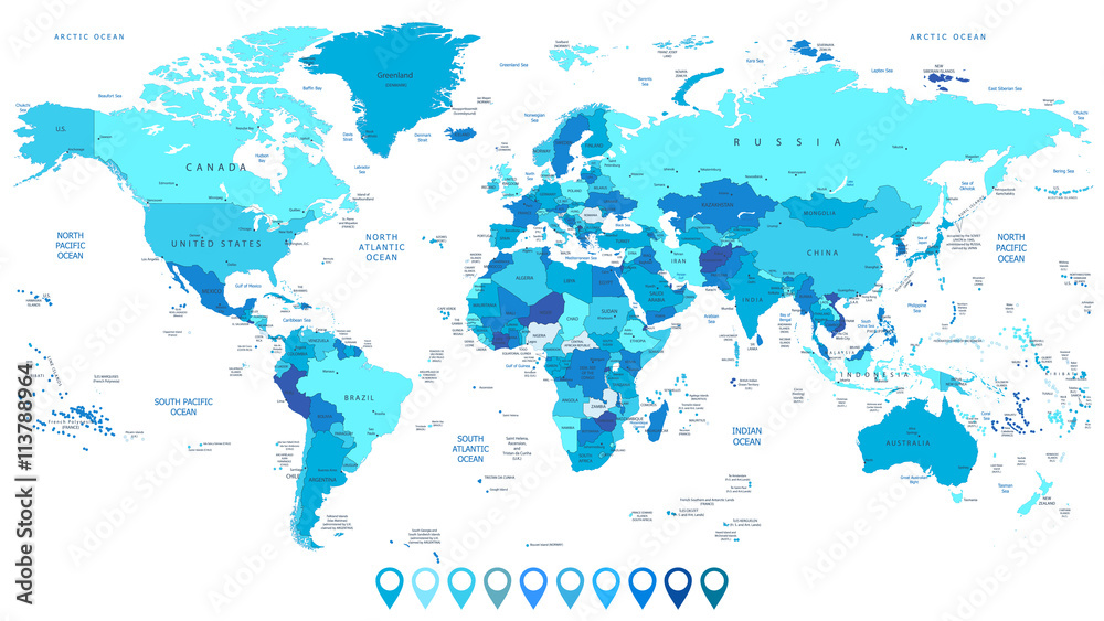 Detailed World Map in colors of blue and map pointers