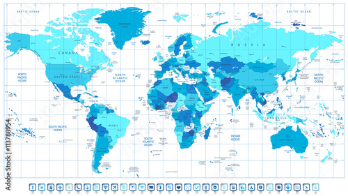 Detailed World Map in colors of blue and 3D square pin icons