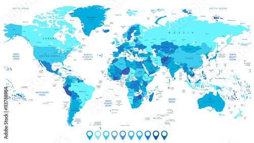 Fototapeta Szczegółowa mapa świata w kolorach niebieskich i na mapach