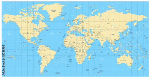 Highly detailed world map: countries, cities, water objects