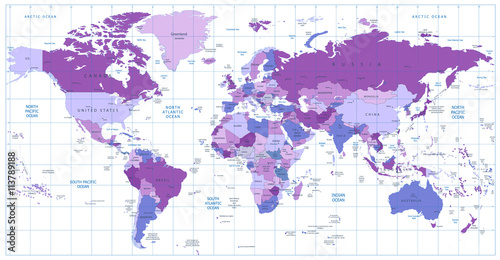 Detailed vector World map of violet colors