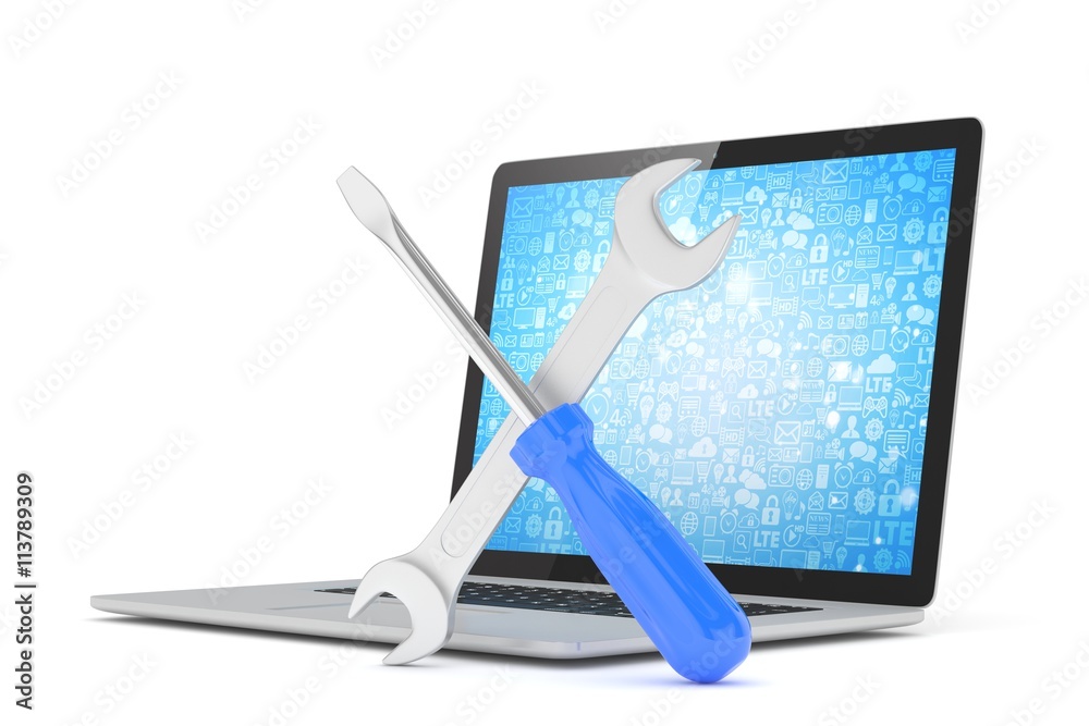 3D Illustration Wrench and screwdriver on laptop, service concept 3D Illustration Wrench and screwdriver on laptop, service concept