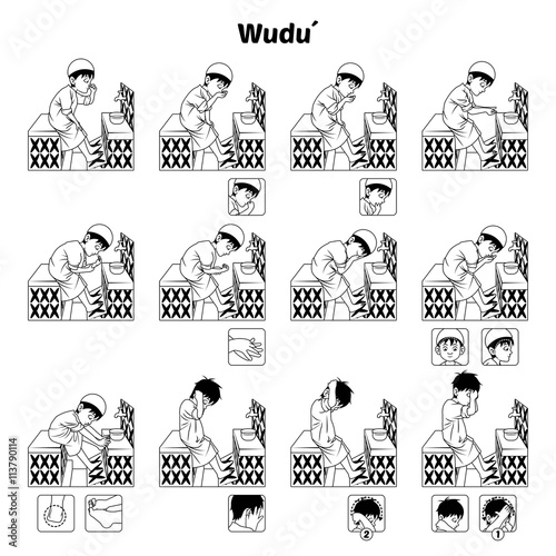 Muslim Ablution or Purification Ritual Guide Step by Step Using Water Perform by Boy Outline Version Vector Illustration 