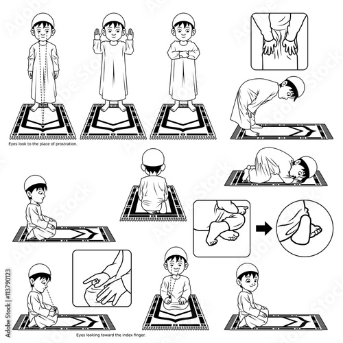 Complete Set of Muslim Prayer Position Guide Step by Step Perform by Boy Outline Version Vector Illustration