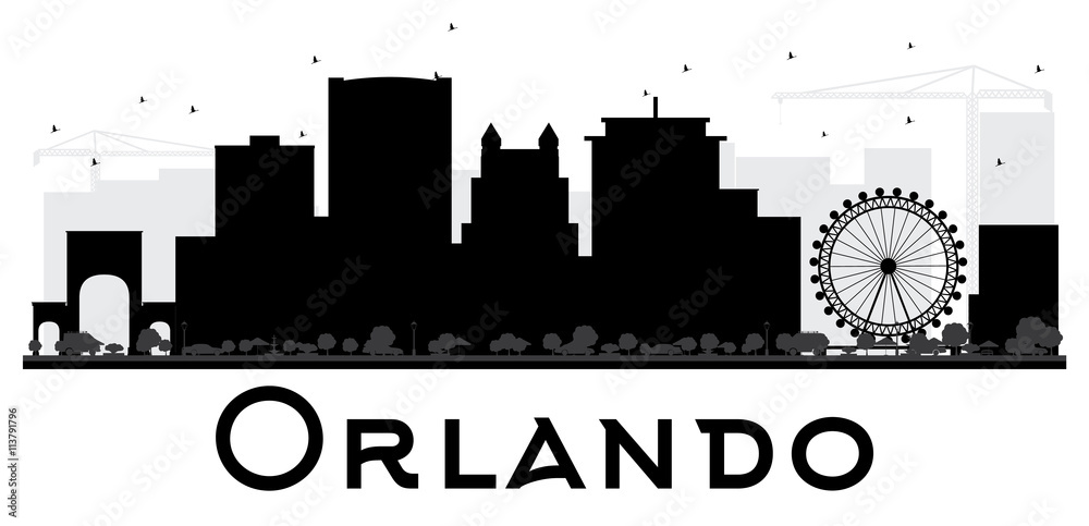 Orlando City skyline black and white silhouette.