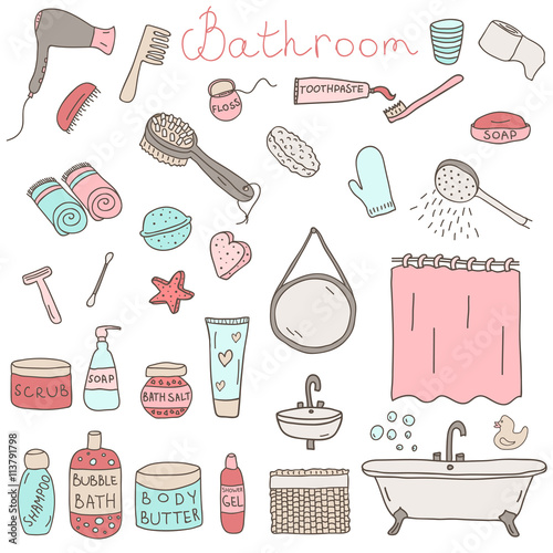 Vector set of drawn bathroom themed objects and appliences. Hand drawn doodle vector elements.