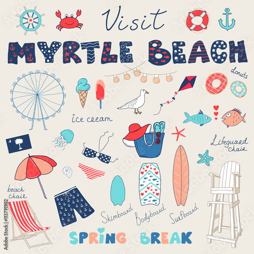 Set of hand drawn doodles of Myrtle Beach, South Carolina, USA.