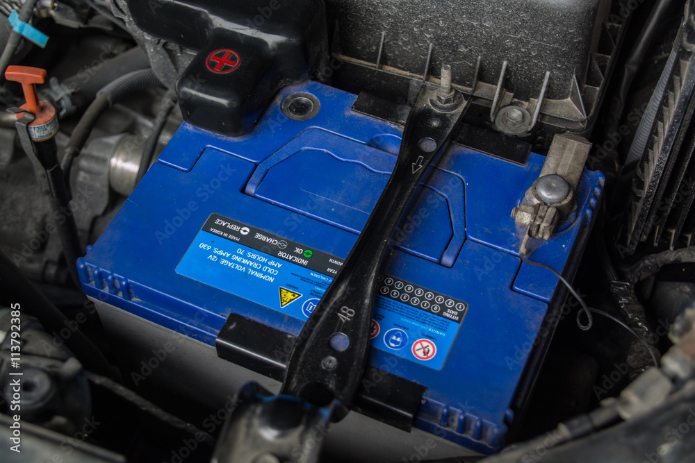 Close up look at a automobile battery
