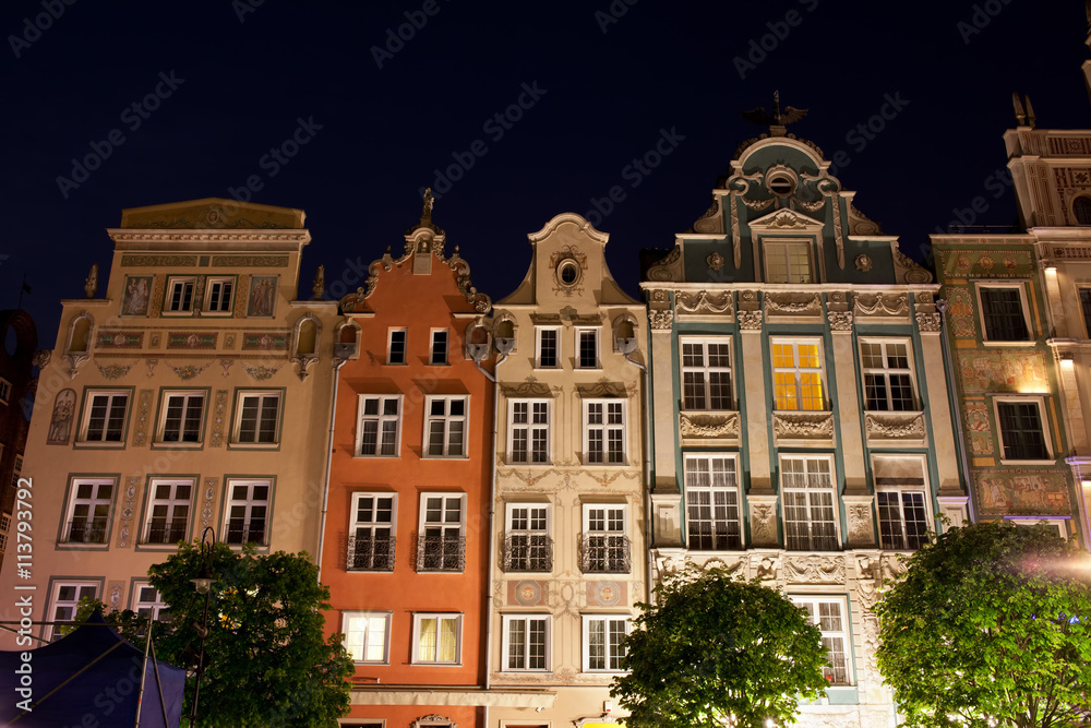 Old Tenement Houses at Night in Gdansk