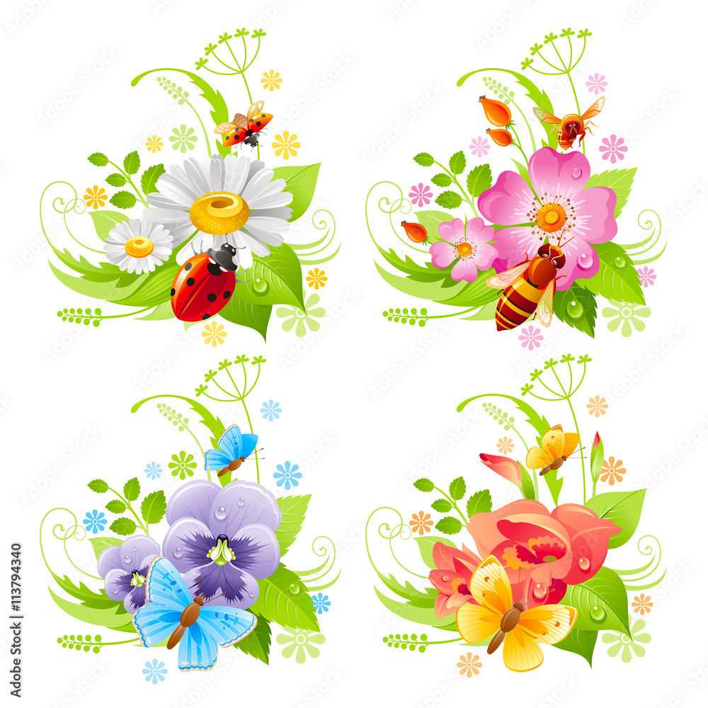 Summer banner set with flower and insect icons and bee logo