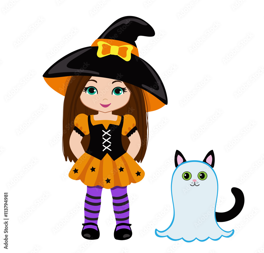 Halloween Cute Witch and a cute cat dressed as ghosts.