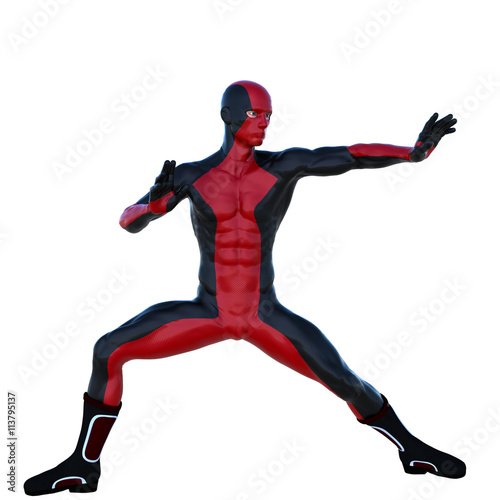 young strong man in a red and black super suit. Stands in a fighting pose