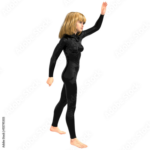 one teenage girl in a black super suit. Raised her left hand in greeting
