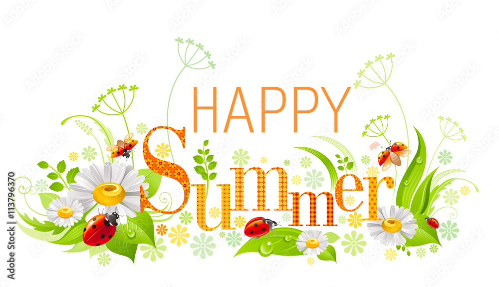 Summer floral background with beautiful swirls, leafs, daisy flowers, ladybugs insects and text Happy Summer with textured letters on white background. Vector illustration for any summer event.