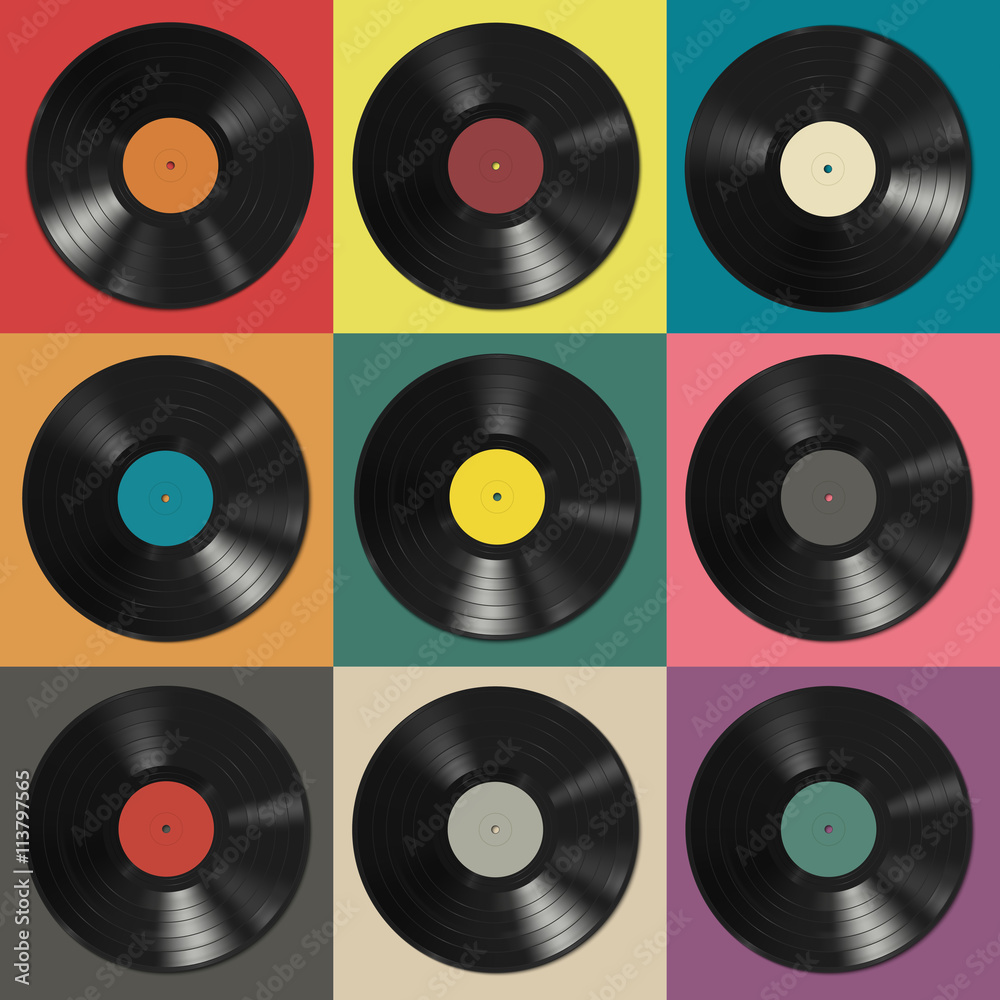Fototapeta Vinyl records with colorful labels