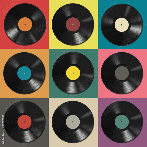 Vinyl records with colorful labels