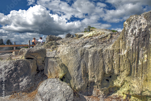 Sulfur from Whakarewarewa Geyser at Te Puia thermal park in geothermal valley of Rotorua, New Zealand photo